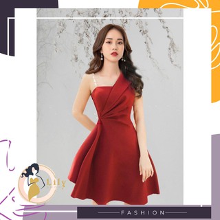 Đầm đỏ xoè vai 1 dây ngọc nhíu eo