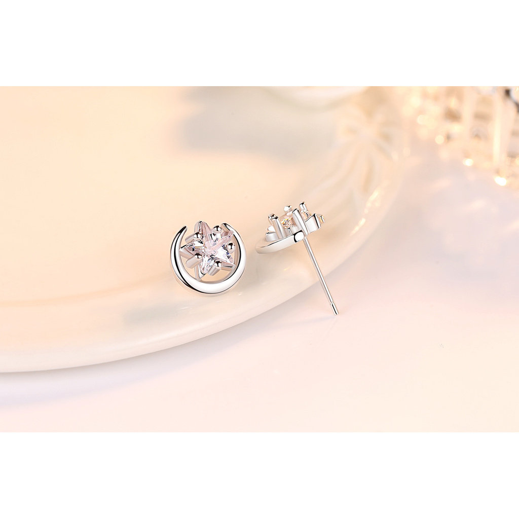 Khuyên Tai Hình Mặt Trăng Ngôi Sao Năm Cánh Mạ Bạc 925 Phong Cách Nhật Hàn Dễ Thương Sáng Tạo Dành Cho Bạn Gái 1