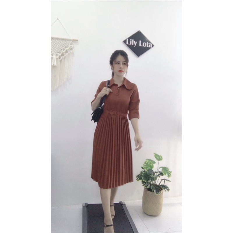 Đầm Sơ Mi Tay Dài Xếp Ly Kèm Bel V723