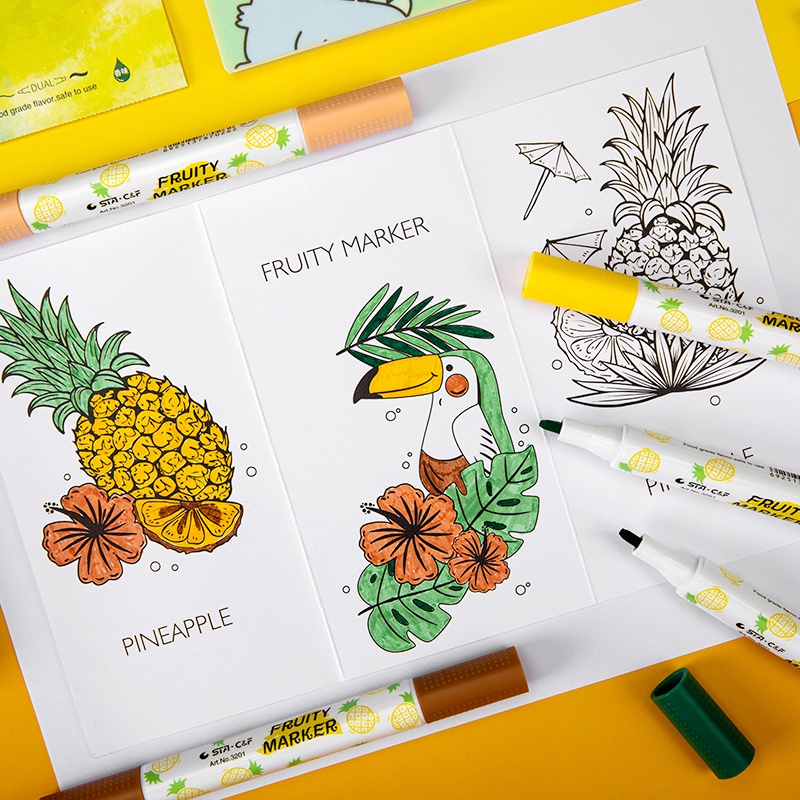 Set 6 bút lông màu đánh dấu vỏ in họa tiết trái cây chất lượng cao