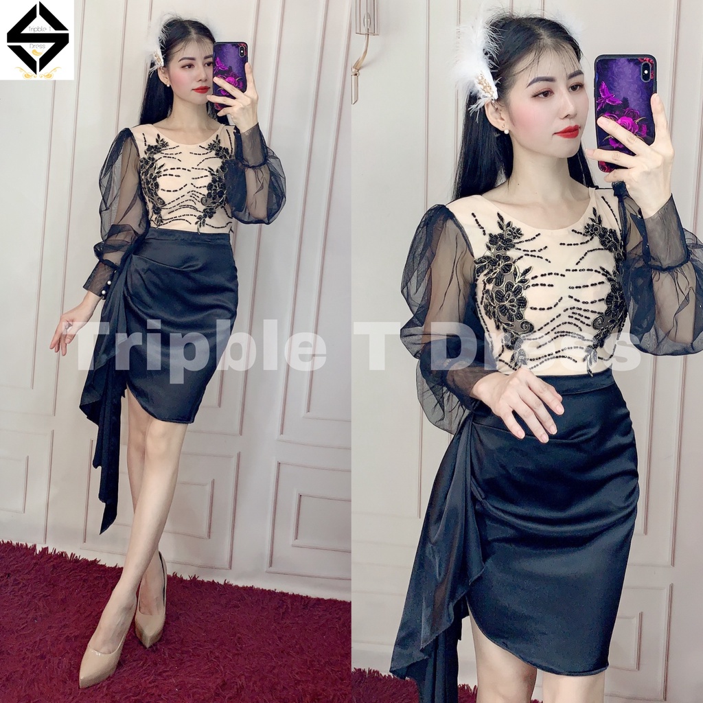 Đầm dự tiệc body TRIPBLE T DRESS ngắn mini tay dài lưới phối ren cườm - size S/M/L - MS334Y