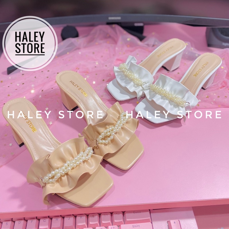 Guốc nữ 5p gót vuông trong suốt bèo nhún nhúm đính ngọc châu đi chơi đi tiệc đi du lịch HALEY STORE