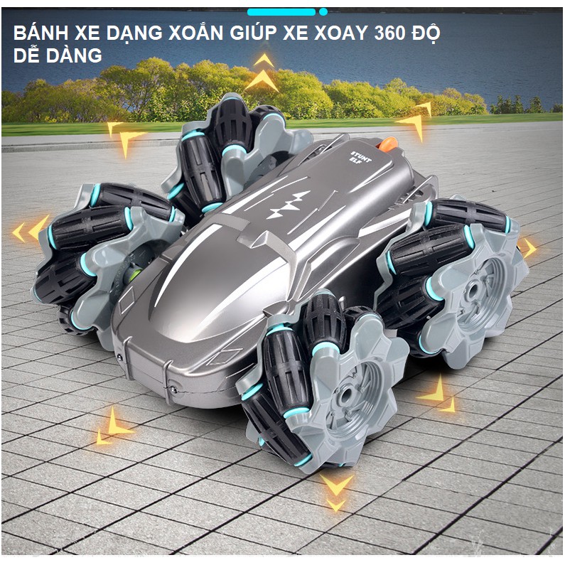 Xe ô tô điều khiển đồ chơi trẻ em nhào lộn xoay 360 điều khiển từ xa sóng 2.4G độ sử dụng pin sạc