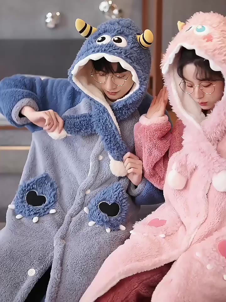 DIDIKA Áo Choàng Tắm / Ngủ Dáng Dài Bằng Nỉ Dày Dặn In Hoạt Hình Quái Vật Nhỏ Dễ Thương Thời Trang Mùa Đông | BigBuy360 - bigbuy360.vn