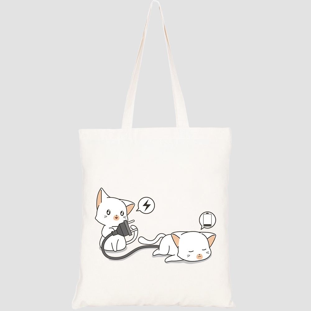 Túi vải tote canvas HTFashion in hình adorable cat is holding plug looking charging HT123