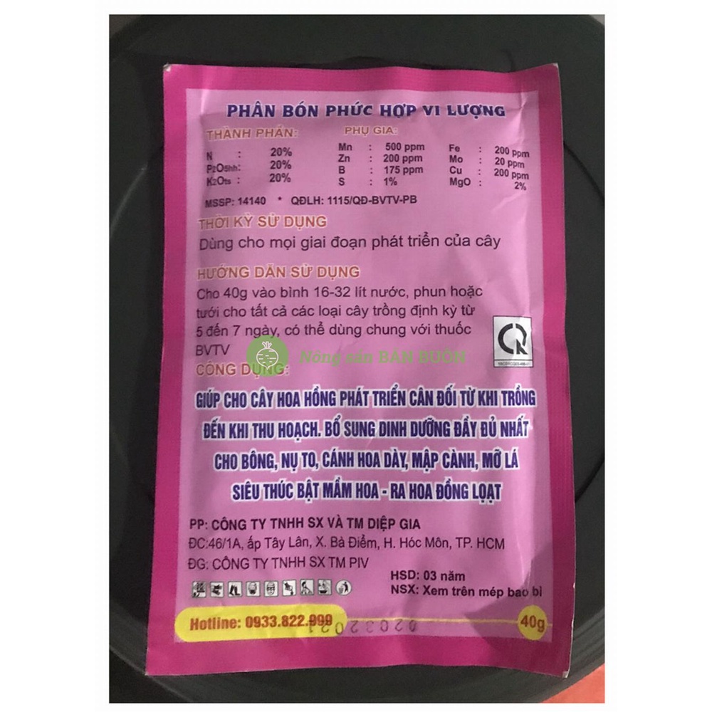 Phân bón chuyên hoa hồng giữ hoa lâu tàn, bông to, dày cánh hoa, mập cành, mập nụ, khối lượng: 40g/gói