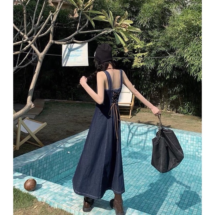 (ẢNH THẬT) VÁY/ ĐẦM DEMIN ULLZANG DÁNG DÀI 2 DÂY DEqNIM BÒ XANH ĐẬM FASHION GIRL ULLZANG HOTTREND
