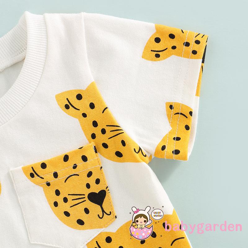 Bộ Áo Thun Ngắn Tay Cổ Tròn In Họa Tiết Da Báo + Quần Short Yếm Dễ Thương Cho Bé Trai Từ 0-2 Tuổi