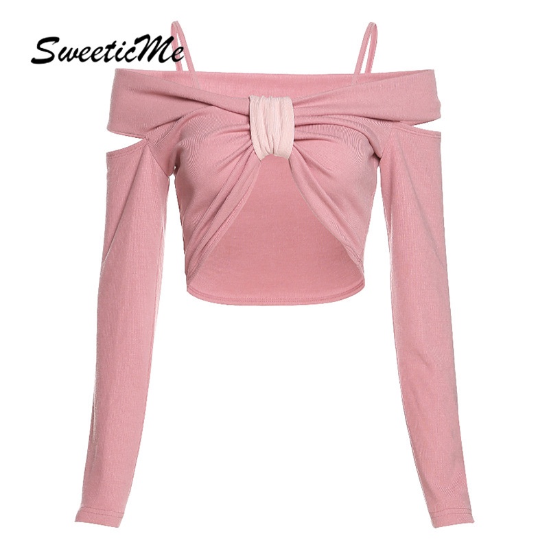 Áo Thun Nữ Trễ Vai Tay Dài Đính Nơ Mới Sweeticme