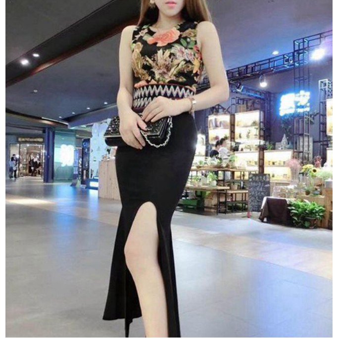 Váy Set áo hoa đầm body dài xẻ cao Quảng Châu