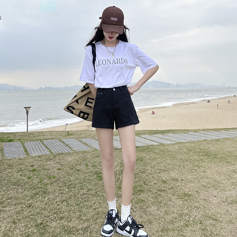 Quần Short Denim Plus Size Lưng Cao Màu Trơn Phong Cách Hàn Quốc