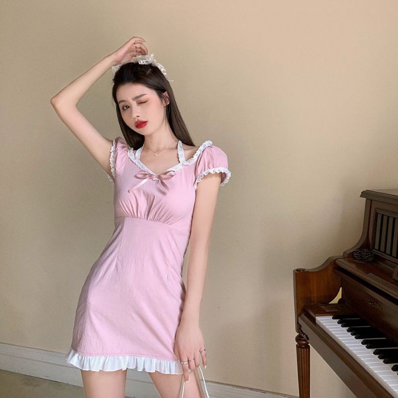 [Order] (K) Set váy đầm hồng thắt nơ phối ren dáng xòe + Khoác trắng dệt kim loại đẹp Hàn Quốc.