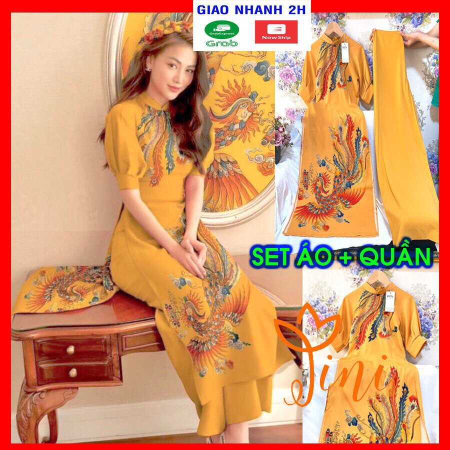 Set áo dài kèm quần vải lụa tuyết in 3D họa tiết phượng hoàng cao cấp, thời trang tết sang trọng - AD39 | BigBuy360 - bigbuy360.vn