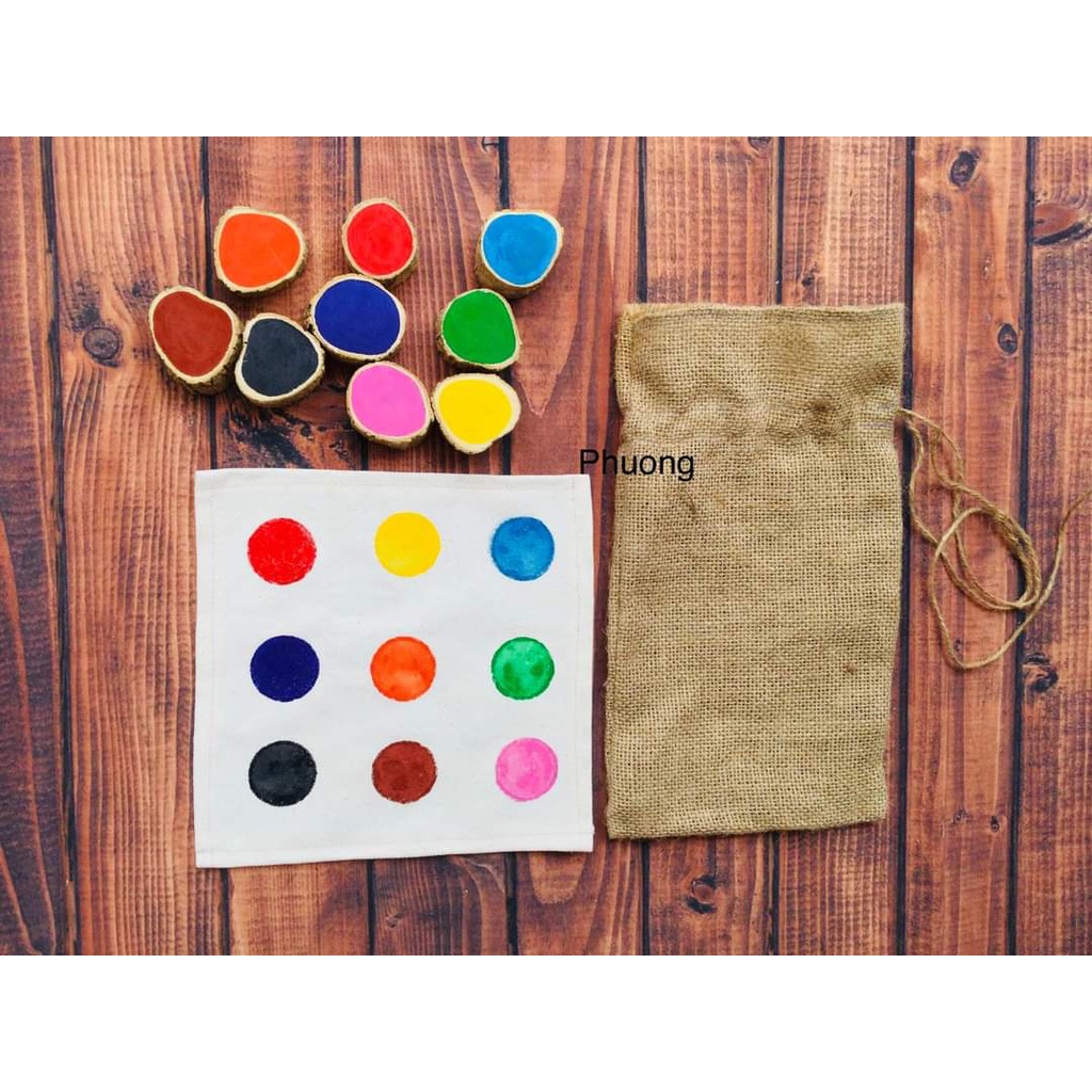 Bộ đồ chơi gỗ 9 màu sắc kết hợp xỏ dây và bảng vải