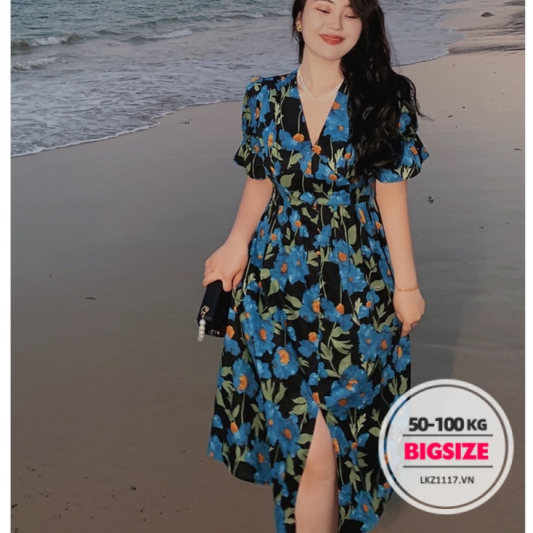 Đầm hoa nhí nữ maxi Bigsize Váy dáng dài vintage cổ chữ v tay ngắn mùa hè Phong cách Hàn Quốc Thời Trang tiểu thư cá tính xinh đẹp cho người mập béo