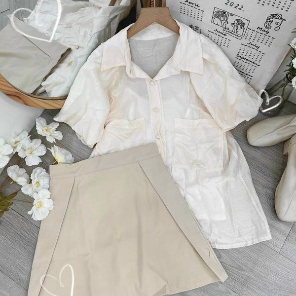Set Áo Sơ Mi Tay Bồng Phối Chân Váy