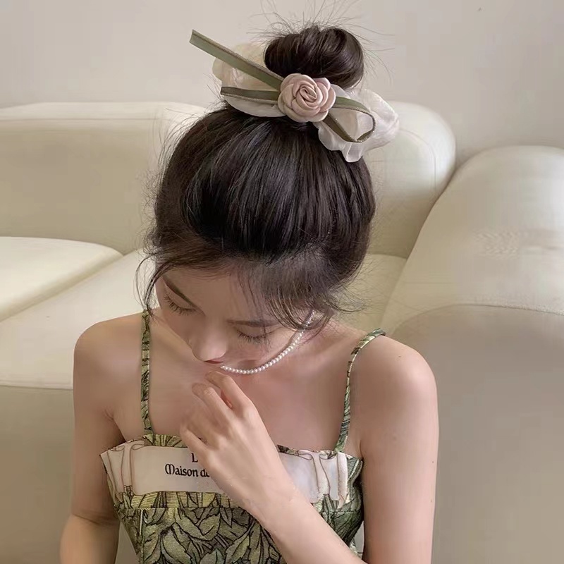 Dây Buộc Tóc Cao Su Co Giãn Phối Ruy Băng Lụa Hình Hoa Hồng Cỡ Lớn Thời Trang Mùa Xuân 2022