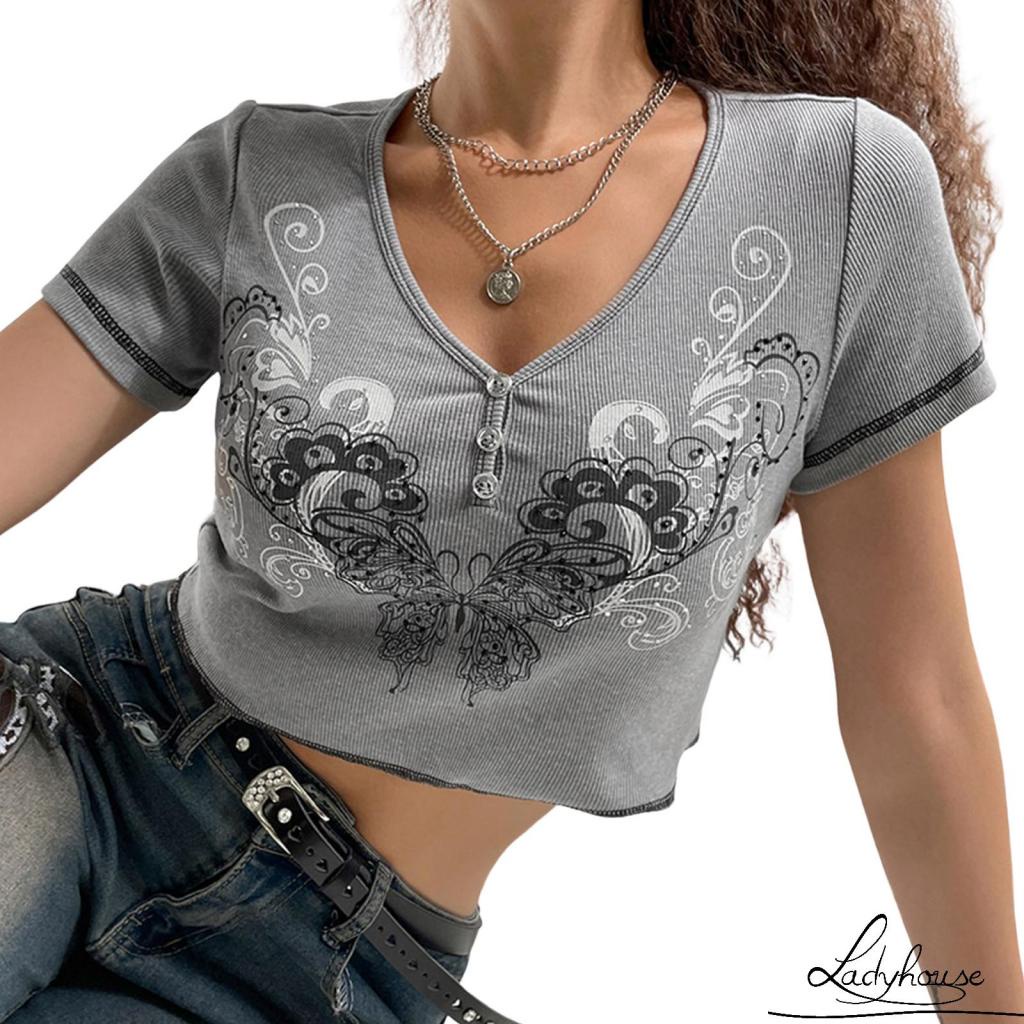 Áo thun tay ngắn cổ chữ V in họa tiết bướm phong cách cổ điển thời trang mùa hè cho nữ