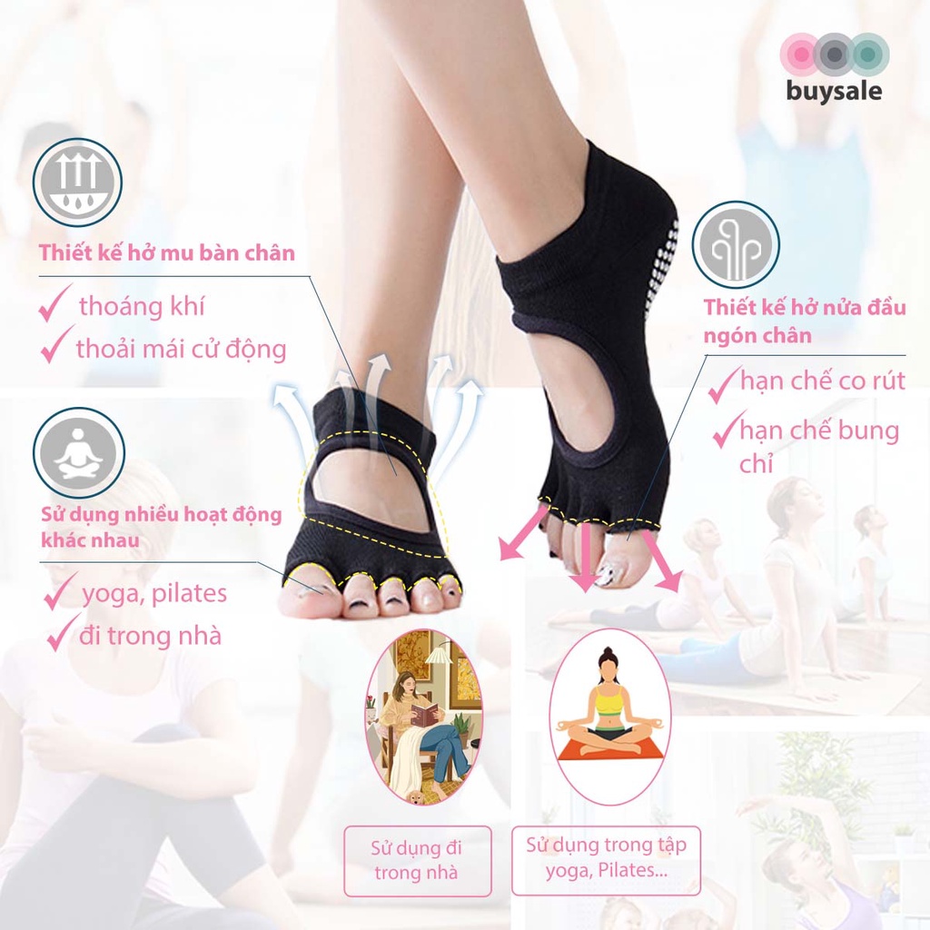 Vớ tập Yoga có hạt silicone chống trượt, thiết kế hở mu bàn chân, ngón chân, thoáng khí, hút ẩm mồ hôi BuySales BSPK211