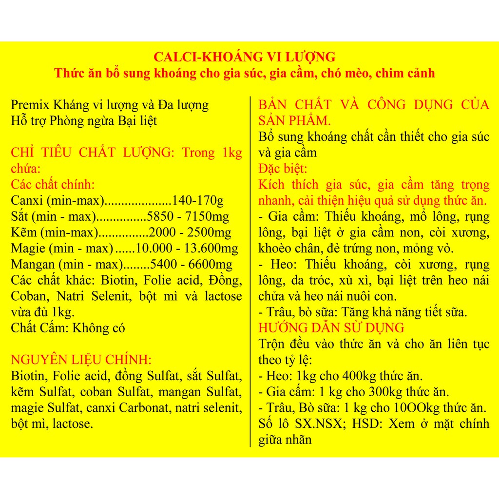 1kg CALCI-KHOÁNG VI LƯỢNG Thức ăn bổ sung khoáng cho gia súc, gia cầm, chó mèo, chim cảnh