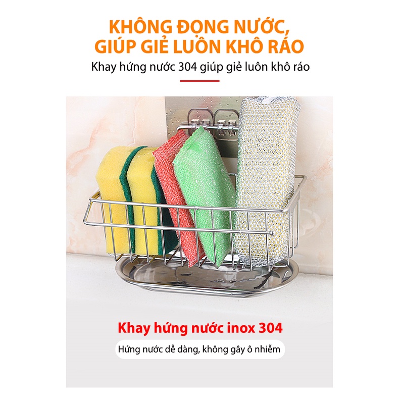 Kệ Inox Để Đồ Rửa Bát Dán Tường Kèm Khay Hứng Nước Thanh Treo Khăn, Giá Treo Đồ Đa Năng Tặng Miếng Dán