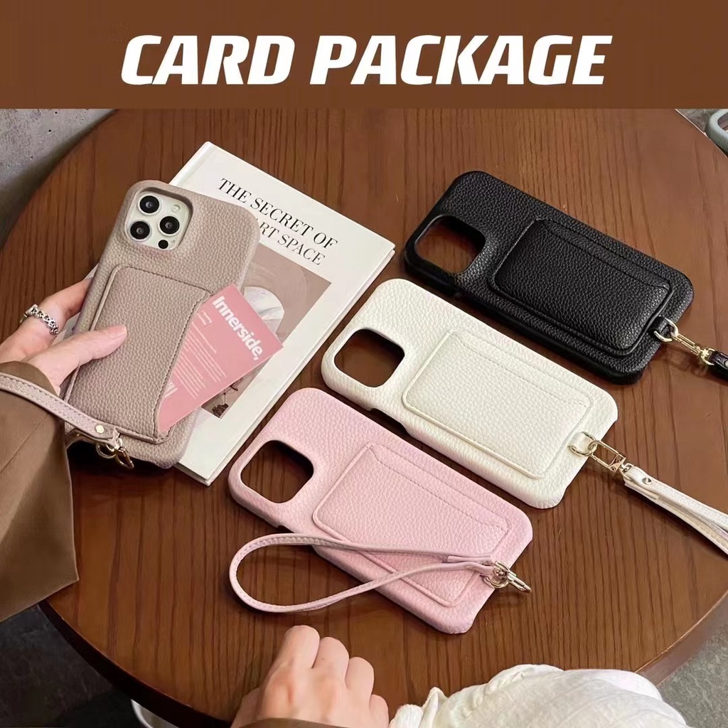 Ốp Điện Thoại Da Màu Hồng Chất Lượng Cao Chống Sốc Kèm Ngăn Đựng Thẻ Và Dây Đeo Cho iPhone14 13 12 11 Pro Max 14Max 13promax