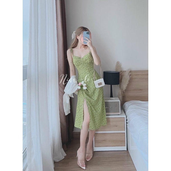 Set đầm hoa hai dây xẻ đùi kèm áo cardigan - Set đi biển bigsize