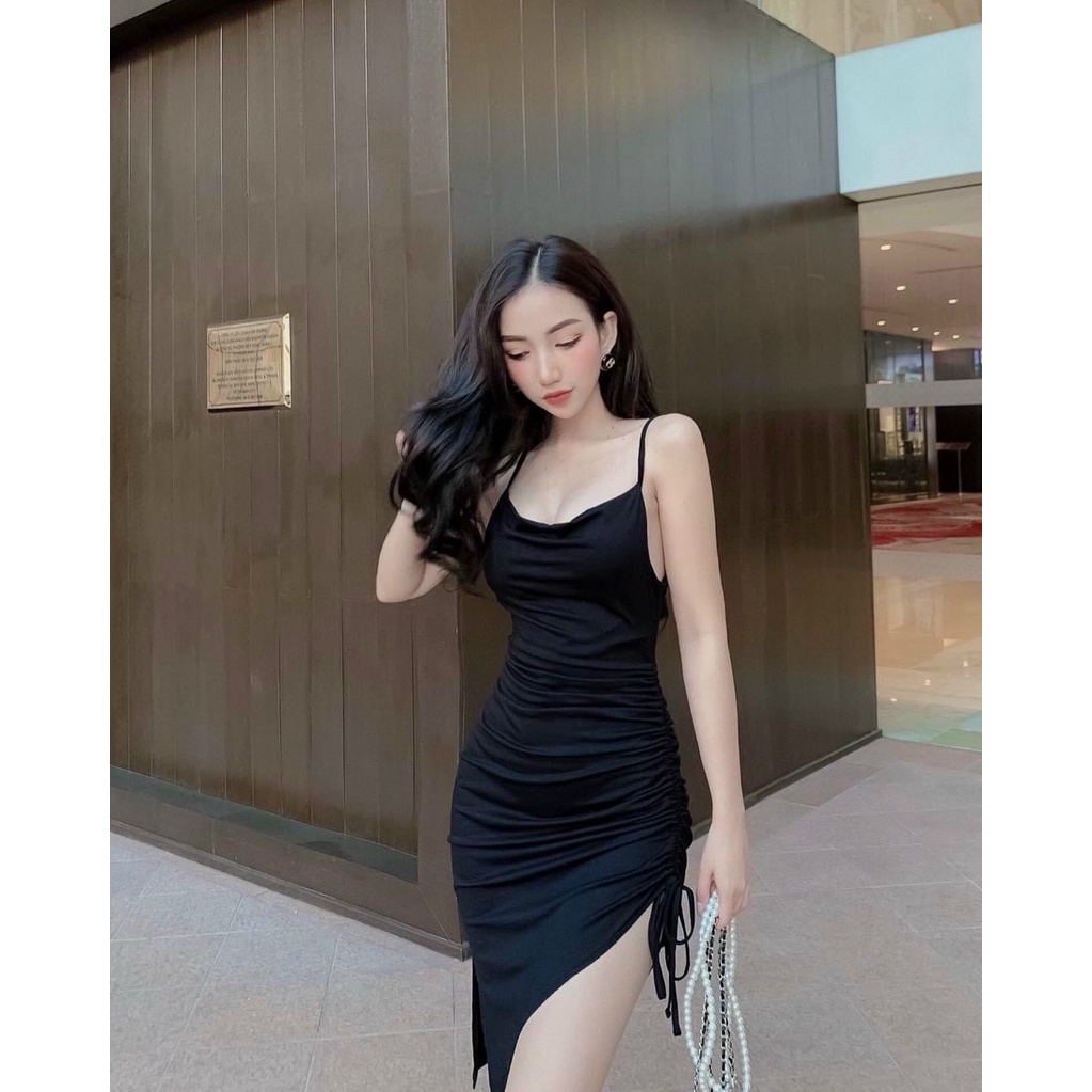 Đầm ôm body hai dây có mút ngực rút dây 1 bên chéo y hình chất thun borip co giãn ôm dáng dã man, váy 2 dây nữ MIDORI247