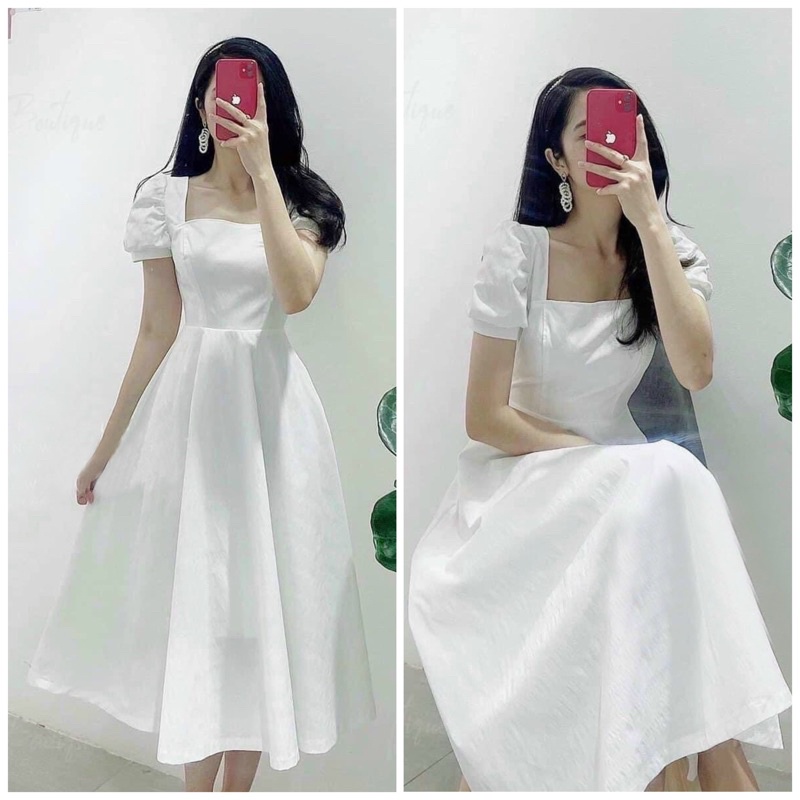Đầm trắng cổ vuông nơ sau (kèm hình thật)