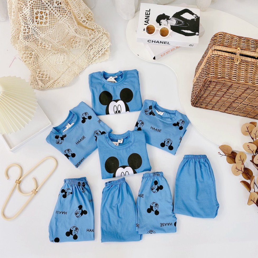 Bộ Quần Áo Dài Tay Mùa Thu In Hình Micky Xanh Trời Vải Cotton Hàng Quảng Châu Cho Bé Trai Từ 8-20kg Mã DT21