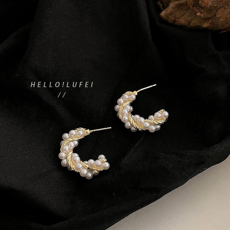 Khuyên tai hình bán nguyệt đính ngọc trai nhân tạo thời trang retro Hàn Quốc thanh lịch