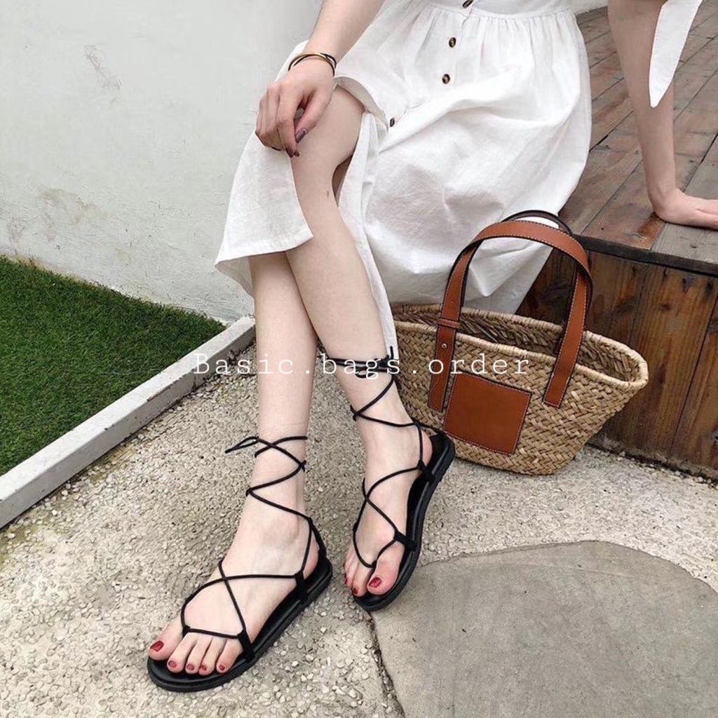 Sandal chiến binh nữ cột 2 dây mảnh đan chéo đế bệt 2 màu đen và nâu