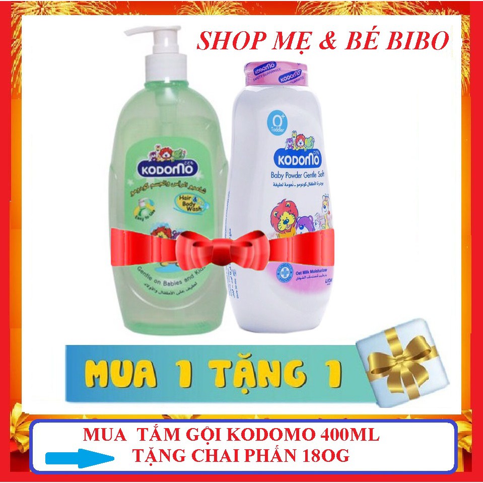 Dầu Tắm Gội Kodomo Chai 400ml Kèm Chai Phấn Thái Kodomo 180gr