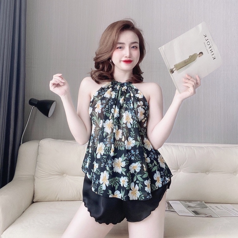 Đồ ngủ sexy nữ 🥰Free ship🥰 Bộ yếm Voan cột nơ sexy satin phối voan size <65kg | BigBuy360 - bigbuy360.vn