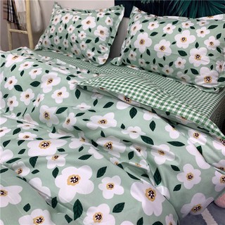 Bộ Chăn Ga Gối Cotton Poly Chăn Chần Bông Hoa Nhí Xanh