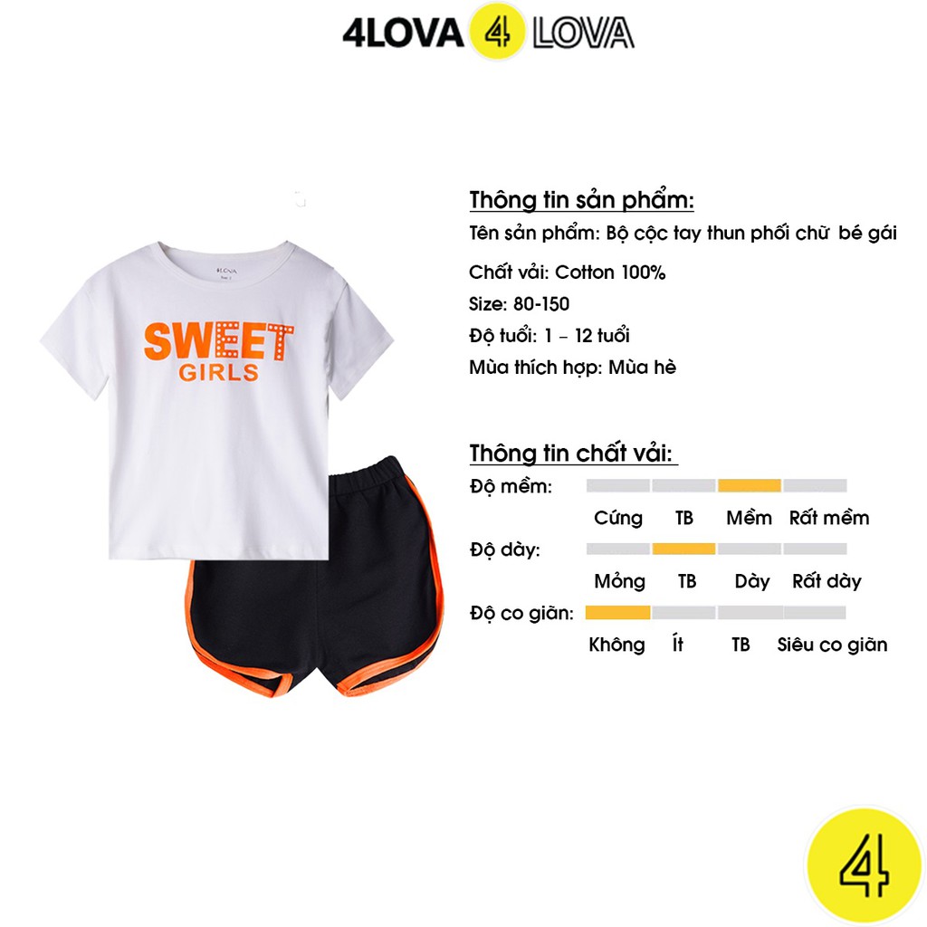 Bộ quần áo thun cộc tay cho bé gái 4LOVA chất liệu cotton thoáng mát phối chữ cá tính mùa hè chính hãng từ 8 – 40kg