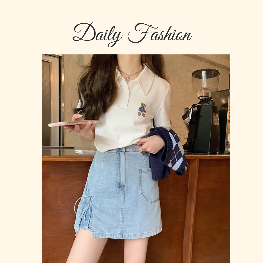 Áo polo thêu gấu - Áo thun nữ croptop thêu gấu ngắn tay màu trắng hottrend | BigBuy360 - bigbuy360.vn