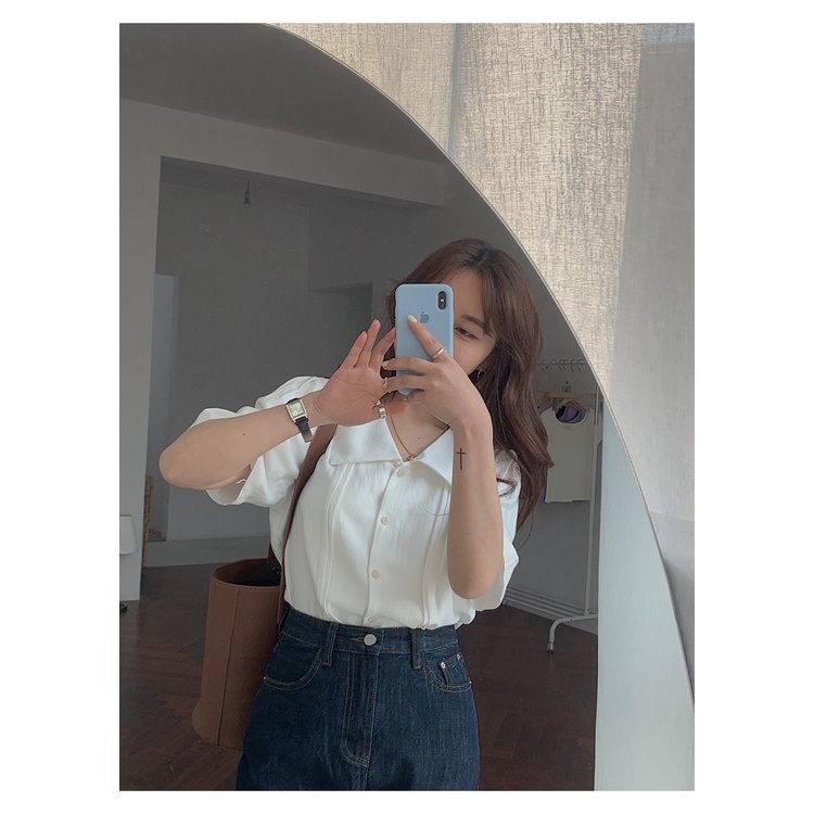 Áo sơ mi trắng ngắn tay vải mỏng phong cách mùa hè 2021 cho nữ