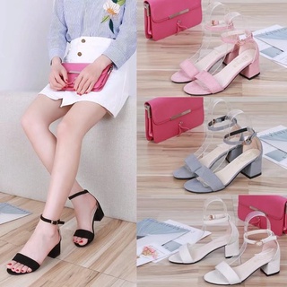 Giày sandal cao gót da lộn mũi vuông phối khóa thời trang nữ