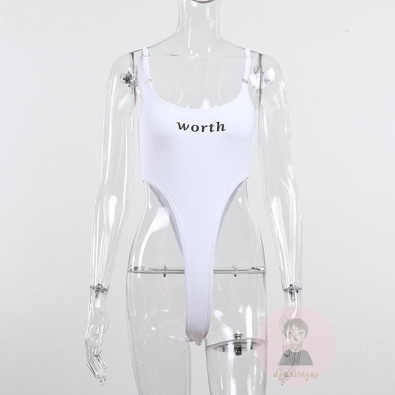 DRE-Women Bodysuit, Spaghetti Strap High-cut Letters Print Slim Fit Jumpsuit