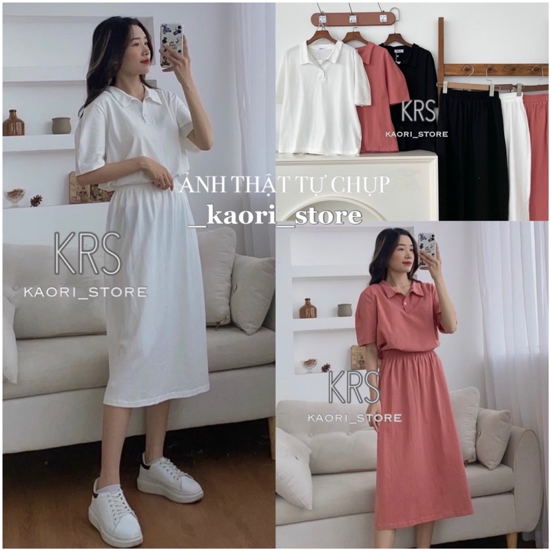 SET BỘ NỮ ÁO POLO VÀ CHÂN VÁY ÔM DÁNG DÀI XẺ VẠT ( ảnh thật- hàng có sẵn ) | _KAORI_STORE |