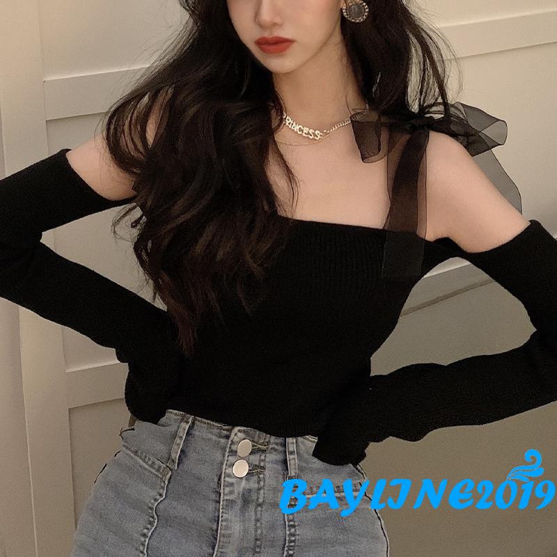 Bay-Women Trendy Crop Tops, Solid Color Ribbed Off-Shoulder Long Sleeve Blouse with Tied Shoulder Strap for Ladies, Black