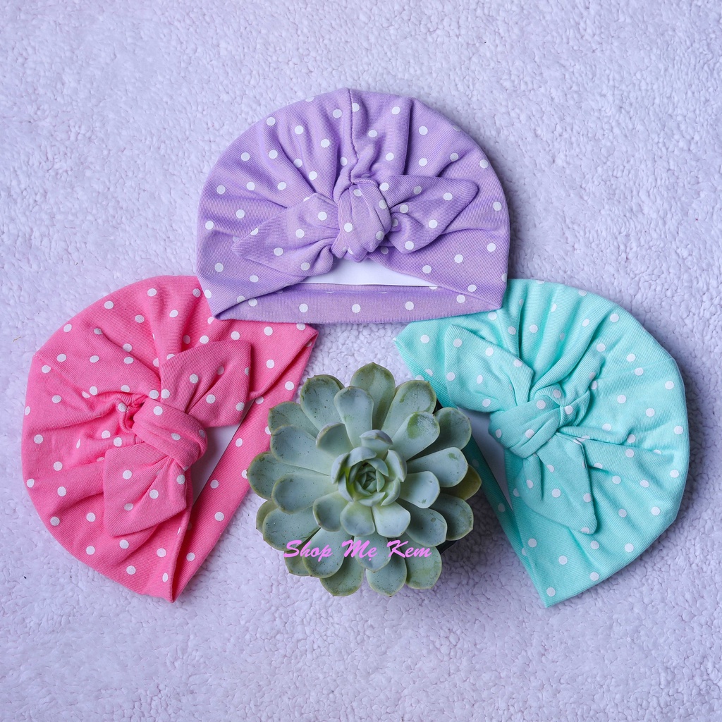 Mũ turban nơ họa tiết chấm bi cho bé siêu xinh, tuban trùm đầu che thóp giá rẻ chất lượng mềm mịn