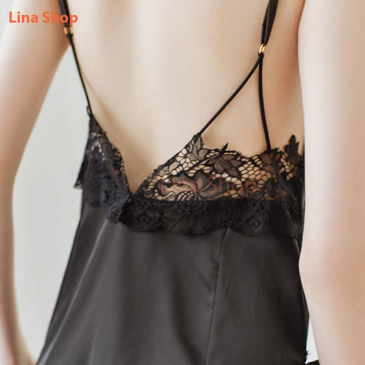 Váy Ngủ Đầm Ngủ Sexy Quyến rũ Lụa Satin phối Ren kèm quần Chip Màu đen AN436 hàng Quảng Châu cao cấp | BigBuy360 - bigbuy360.vn