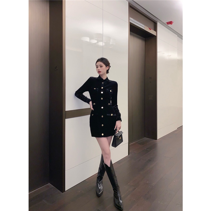 Đầm nhung nữ dài tay phong cách tiểu thư sang trọng khí chất thanh lịch hàng Quảng Châu cao cấp