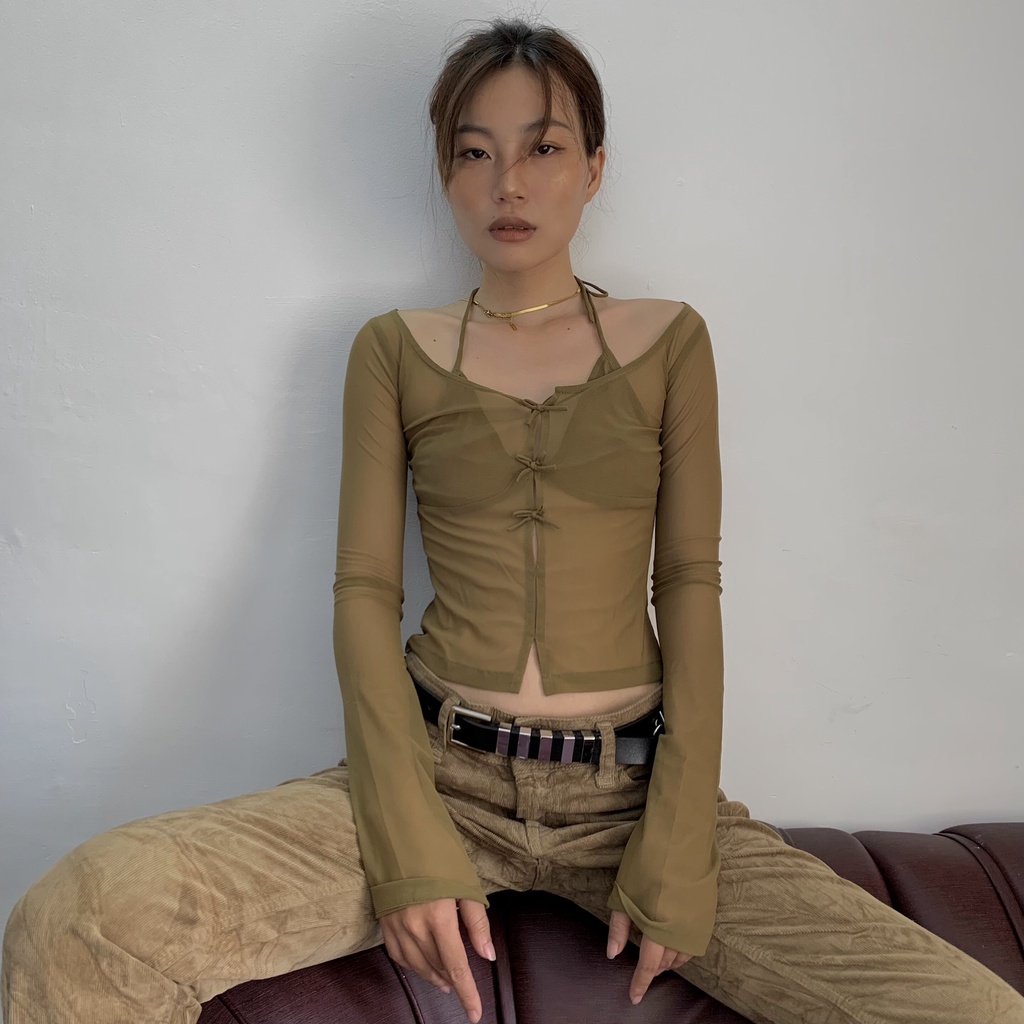 TMRSTUDIOS  - ÁO TAY DÀI LƯỚI ĐÍNH NƠ NHỎ NHẮN XINH XẮN - TINYBOW TOP