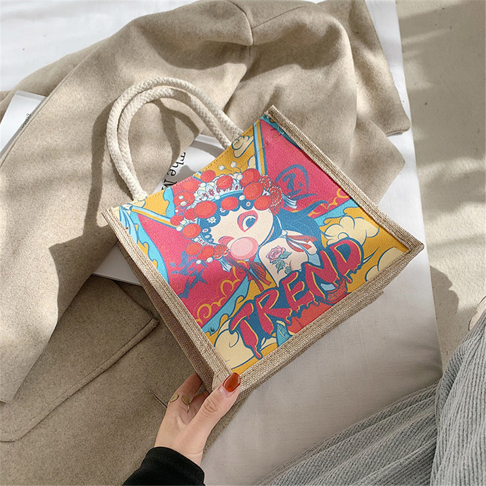 Túi Xách Tote Vải Canvas Có Dây Kéo In Họa Tiết Thổ Cẩm Dành Cho Nữ
