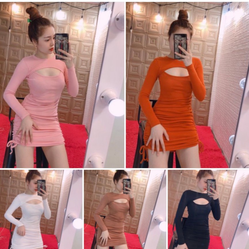 Siêu phẩm đầm cut out ngực tay dài rút dây 2 bên xinh sexy hot hit