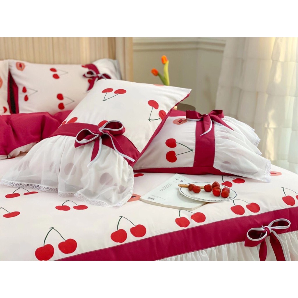 Bộ chăn ga gối cotton hoạt tính ren voan mẫu cherry