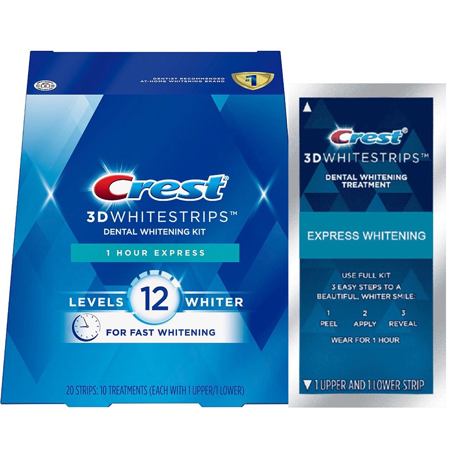 Miếng dán trắng răng Crest 3D Whitestrips 1 Hour Express Levels 12 Whiter [Hàng Mỹ]